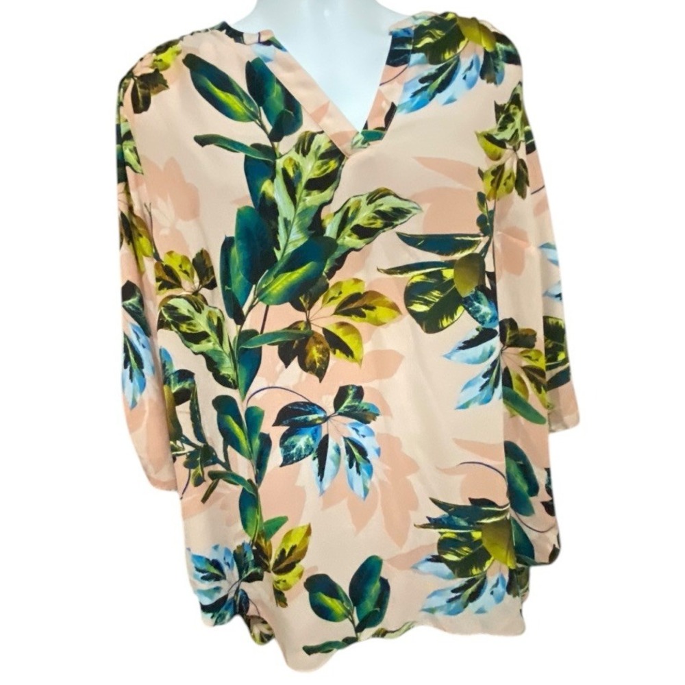 Worthington 3X Blouse Pullover Floral 3/4 Roll Tab Sleeve Breezy Artsy Light